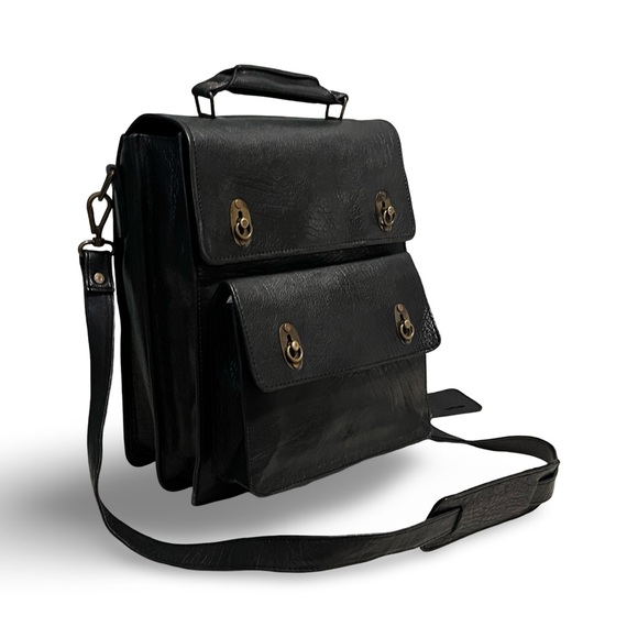 NWOT! Black Water Buffalo Rugged All Leather Messenger Gamer File Crossbody Bag - Picture 3 of 14